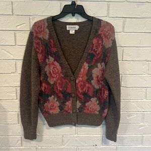 Vintage 90s JH Collectibles Lambswool Brown Floral Cardigan Sweater Womens M